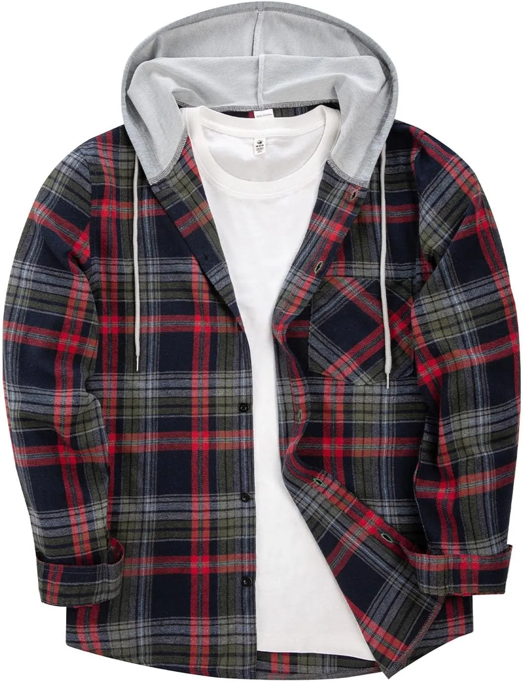 Flannel Hoodie for Mens Casual Long Sleeve Button Down Hooded Plaid Shirt Jacket Lightweight Fall Shacket Hoodies
