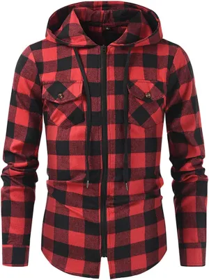 Flannel Hoodies Jackets for Men Long Sleeve Slim Zip Up Plaid Shirt Jacket Fall Lightweight Hooded Coat with Pocket