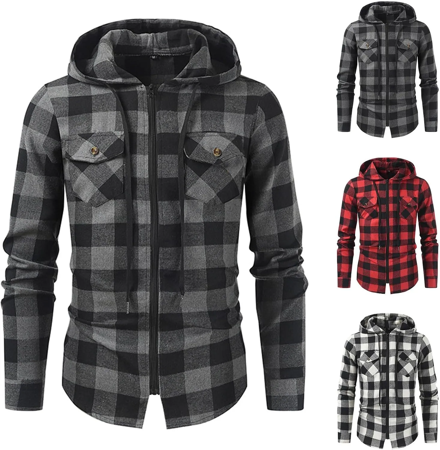 Flannel Hoodies Jackets for Men Long Sleeve Slim Zip Up Plaid Shirt Jacket Fall Lightweight Hooded Coat with Pocket
