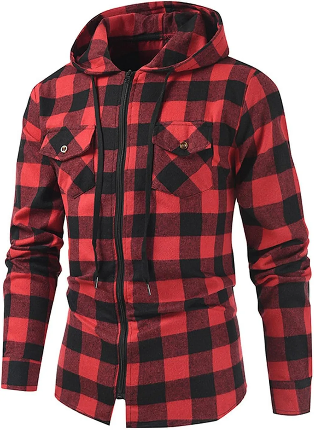 Flannel Hoodies Jackets for Men Long Sleeve Slim Zip Up Plaid Shirt Jacket Fall Lightweight Hooded Coat with Pocket