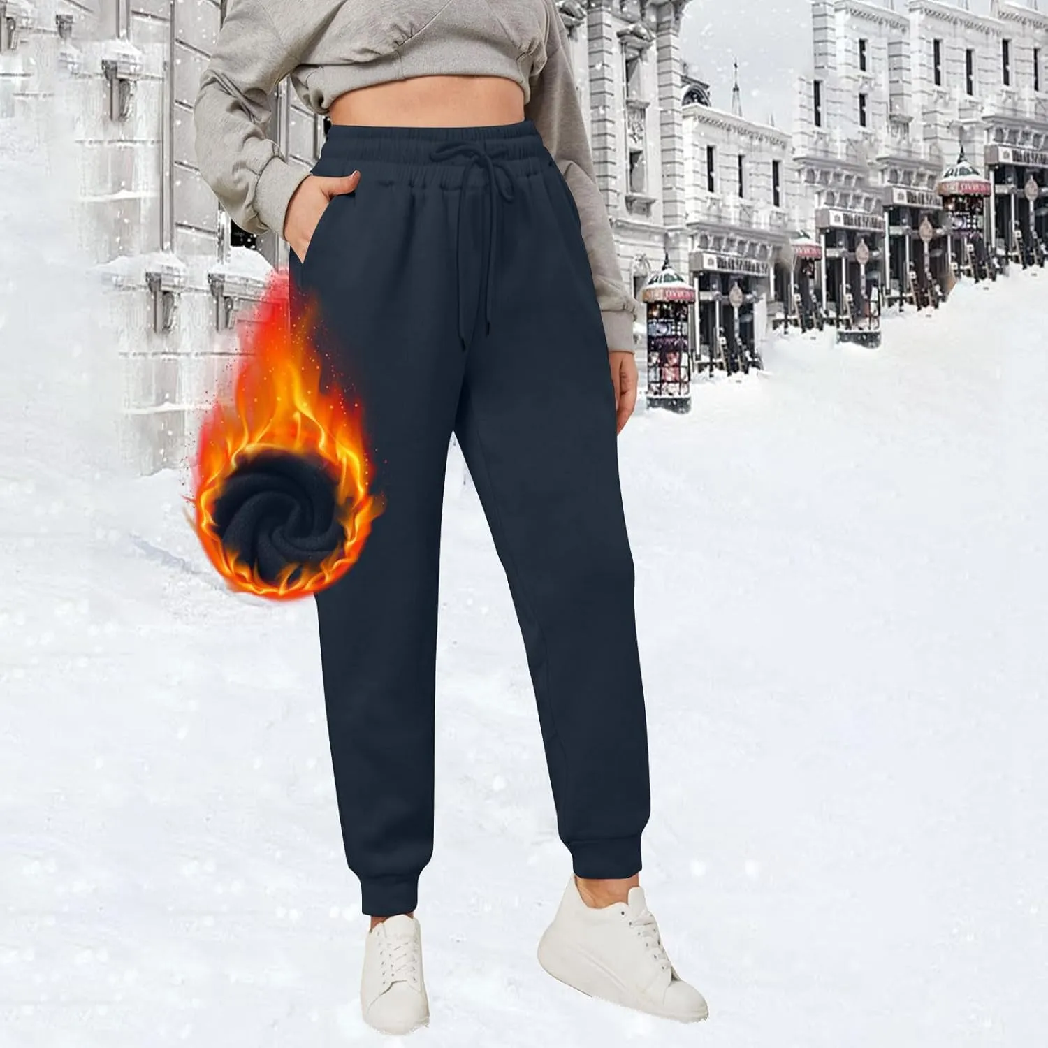 Fleece Lined Joggers Women Winter Lamb Sherpa Lined Sweatpants Plus Size Thermal Trousers Athletic Lounge Pants
