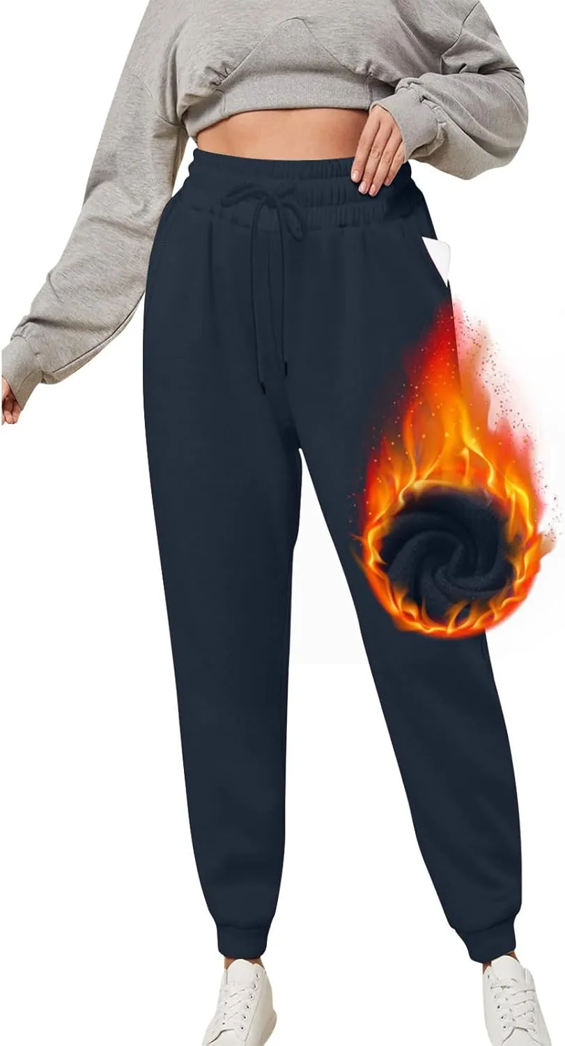 Fleece Lined Joggers Women Winter Lamb Sherpa Lined Sweatpants Plus Size Thermal Trousers Athletic Lounge Pants