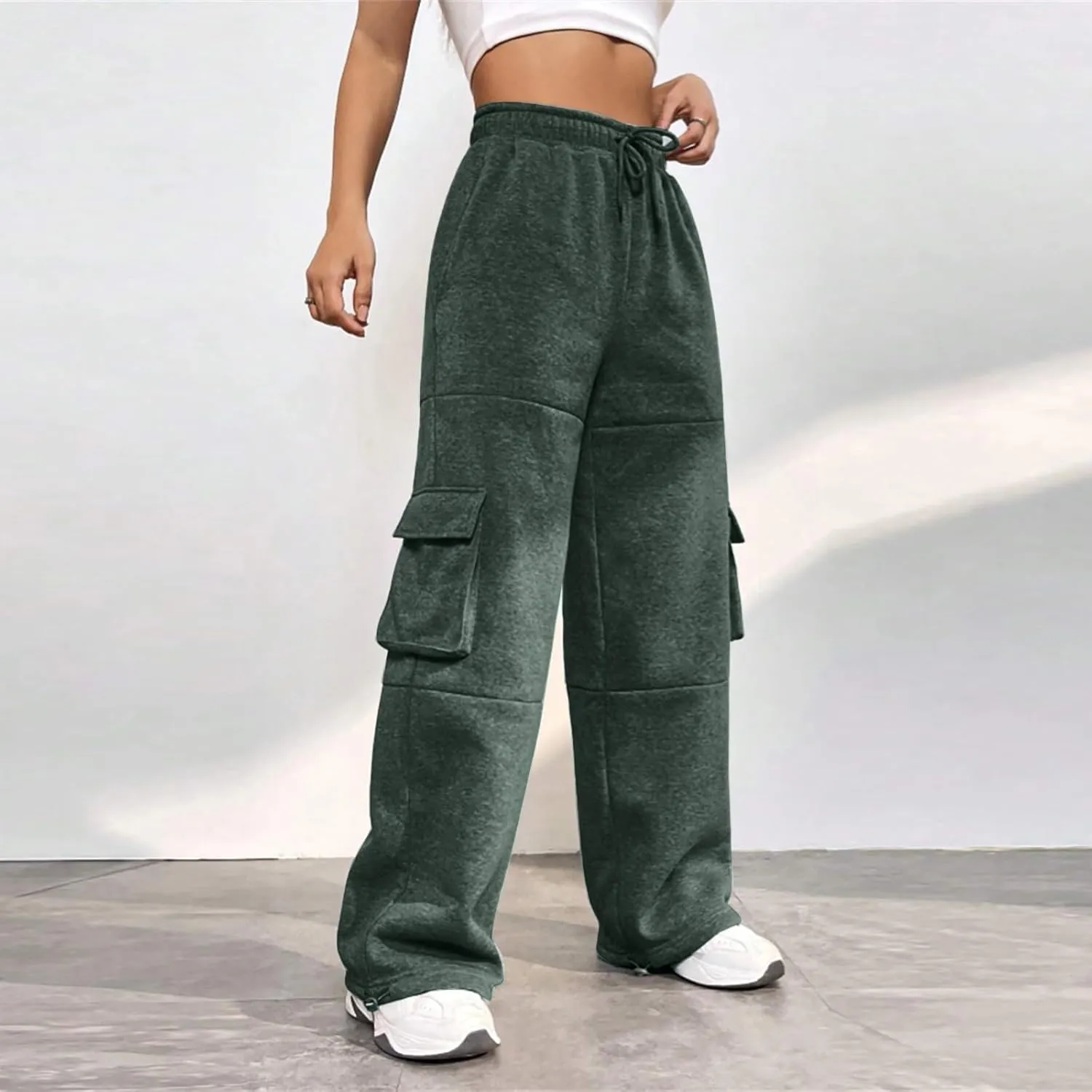 Fleece Sweatpants Womens Baggy High Waisted Wide Leg Lounge Pants with Pockets Comfy Drawstring Cinch Bottom Joggers