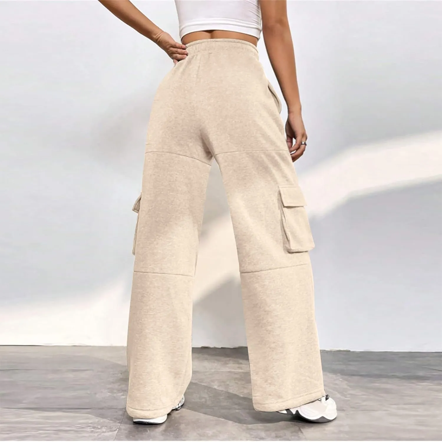Fleece Sweatpants Womens Baggy High Waisted Wide Leg Lounge Pants with Pockets Comfy Drawstring Cinch Bottom Joggers
