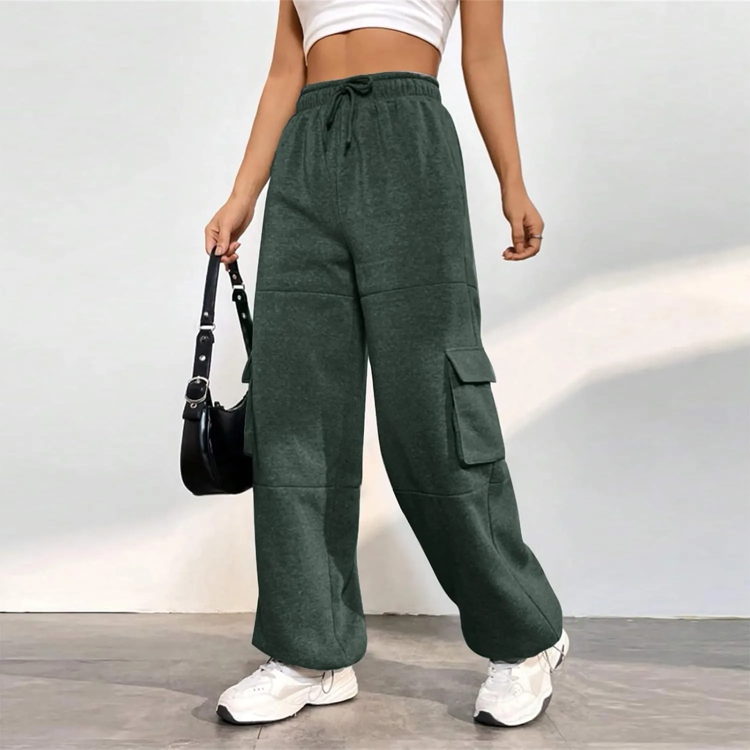 Fleece Sweatpants Womens Baggy High Waisted Wide Leg Lounge Pants with Pockets Comfy Drawstring Cinch Bottom Joggers