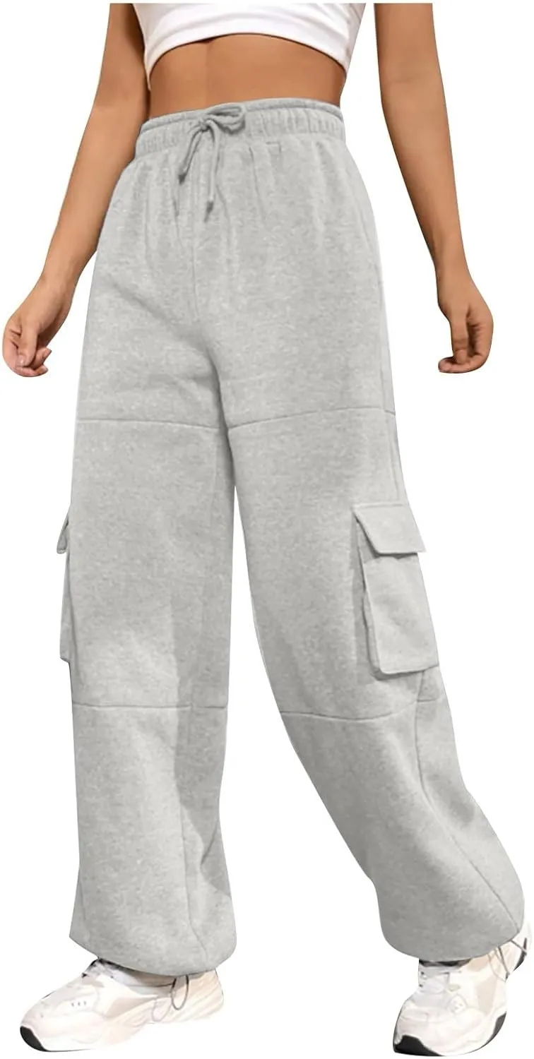 Fleece Sweatpants Womens Baggy High Waisted Wide Leg Lounge Pants with Pockets Comfy Drawstring Cinch Bottom Joggers