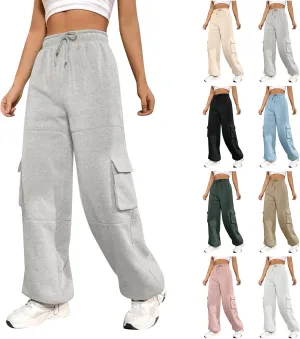 Fleece Sweatpants Womens Baggy High Waisted Wide Leg Lounge Pants with Pockets Comfy Drawstring Cinch Bottom Joggers