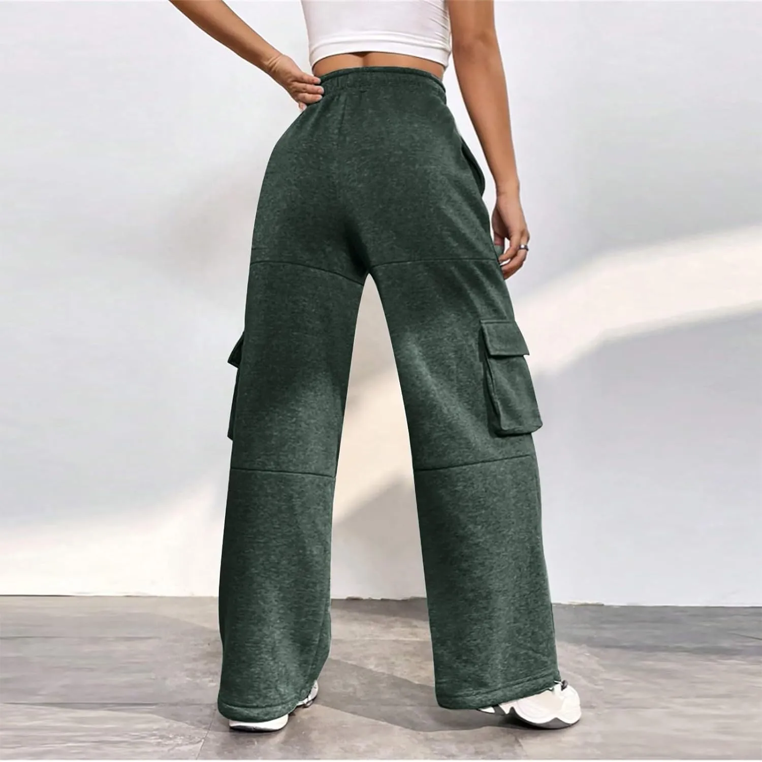 Fleece Sweatpants Womens Baggy High Waisted Wide Leg Lounge Pants with Pockets Comfy Drawstring Cinch Bottom Joggers