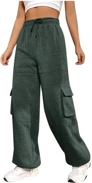 Fleece Sweatpants Womens Baggy High Waisted Wide Leg Lounge Pants with Pockets Comfy Drawstring Cinch Bottom Joggers