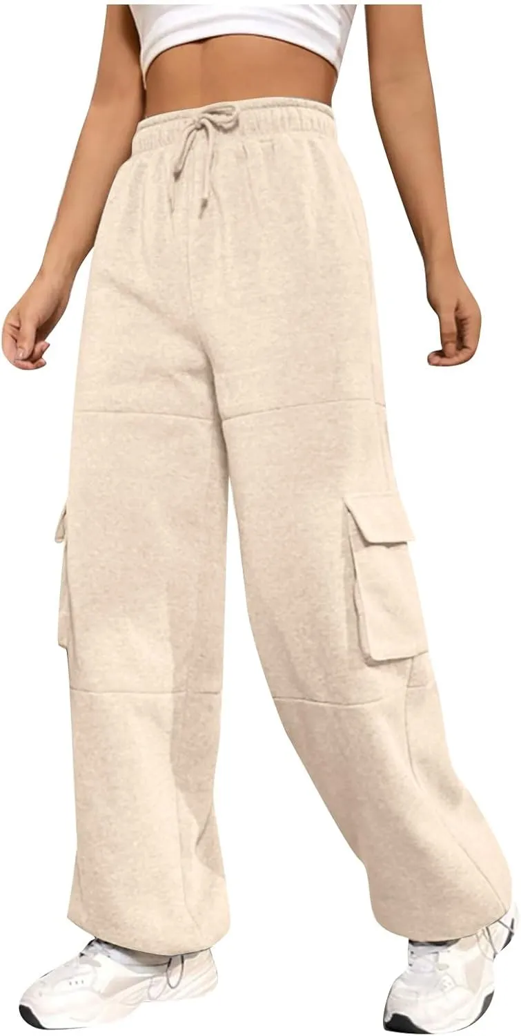 Fleece Sweatpants Womens Baggy High Waisted Wide Leg Lounge Pants with Pockets Comfy Drawstring Cinch Bottom Joggers