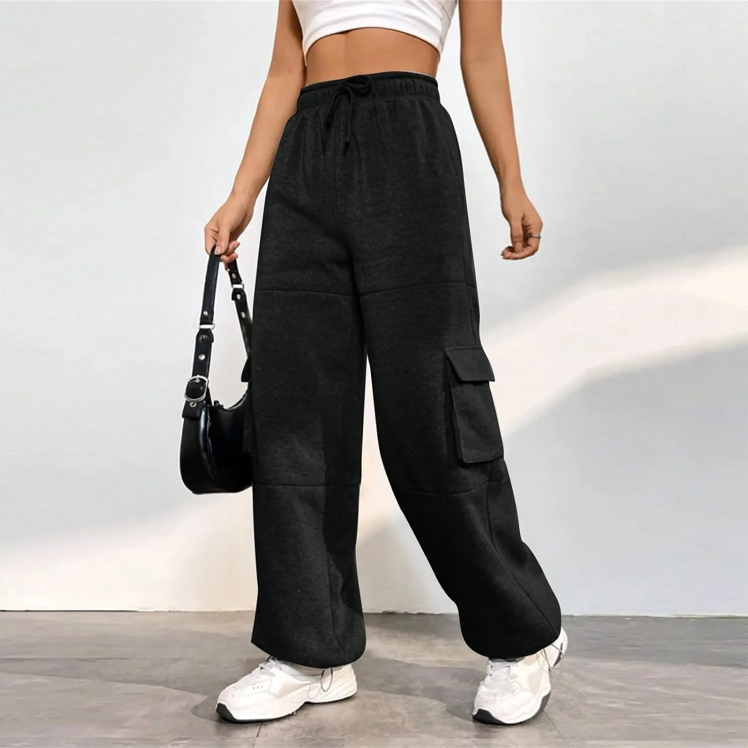 Fleece Sweatpants Womens Baggy High Waisted Wide Leg Lounge Pants with Pockets Comfy Drawstring Cinch Bottom Joggers