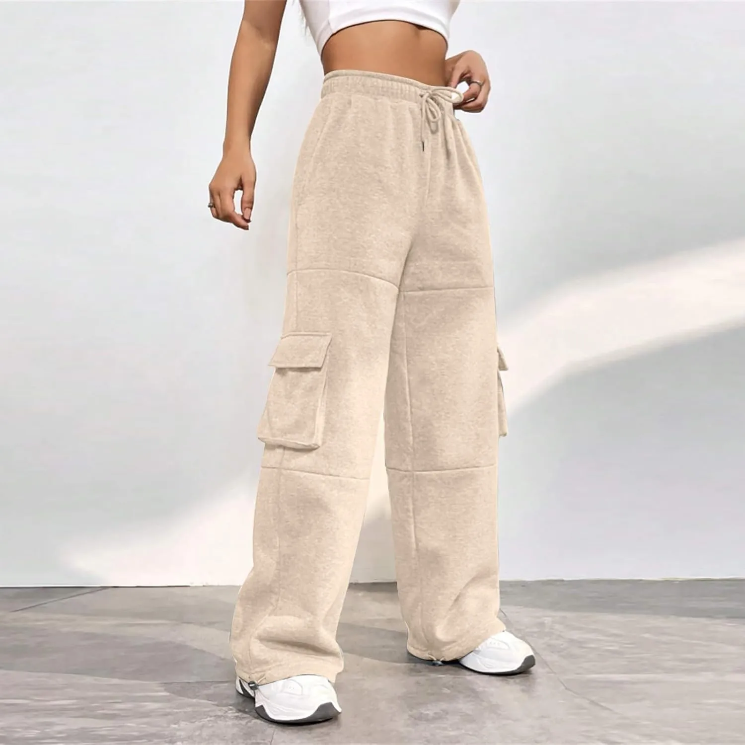 Fleece Sweatpants Womens Baggy High Waisted Wide Leg Lounge Pants with Pockets Comfy Drawstring Cinch Bottom Joggers