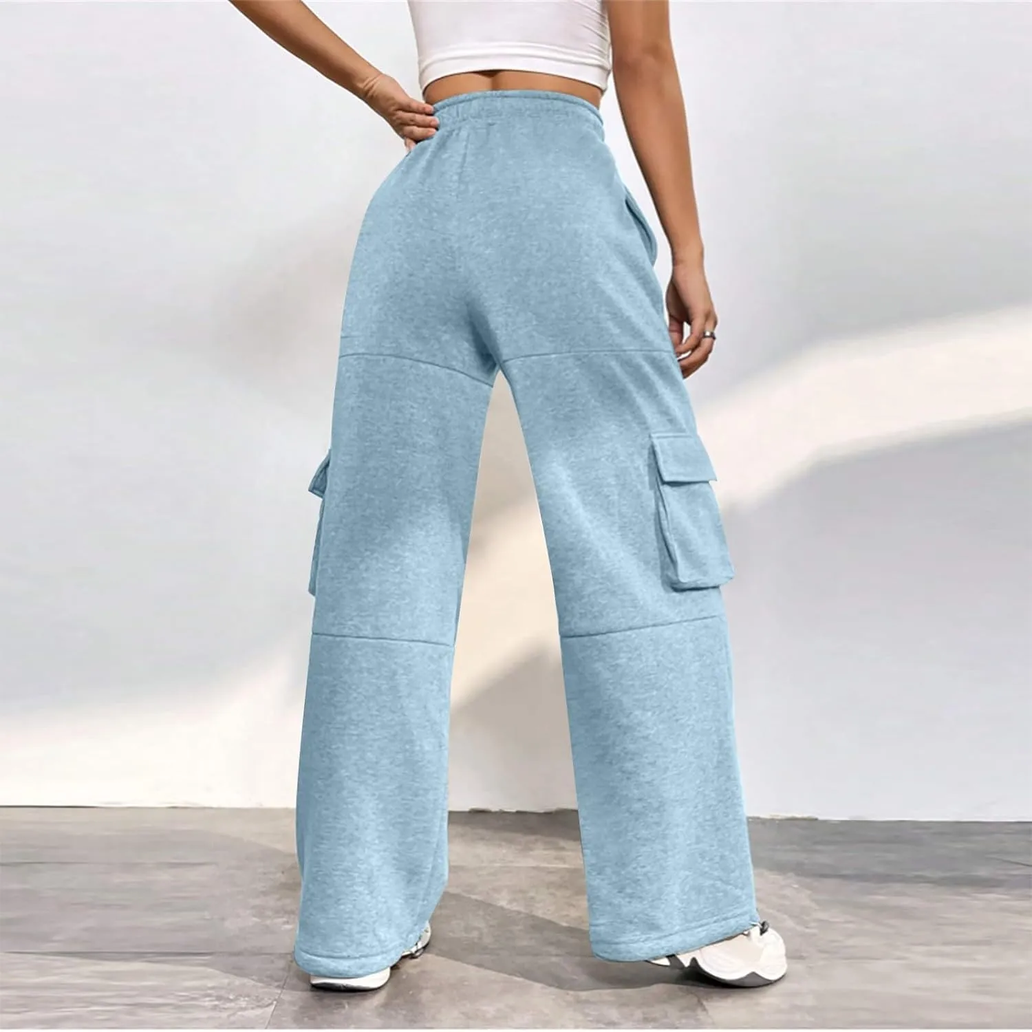 Fleece Sweatpants Womens Baggy High Waisted Wide Leg Lounge Pants with Pockets Comfy Drawstring Cinch Bottom Joggers