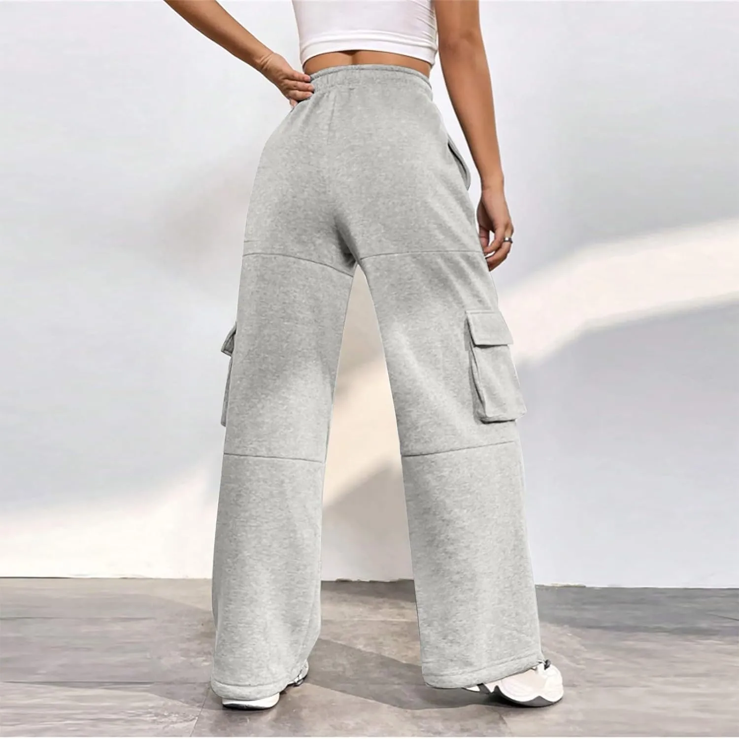 Fleece Sweatpants Womens Baggy High Waisted Wide Leg Lounge Pants with Pockets Comfy Drawstring Cinch Bottom Joggers