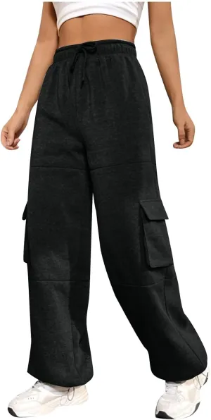 Fleece Sweatpants Womens Baggy High Waisted Wide Leg Lounge Pants with Pockets Comfy Drawstring Cinch Bottom Joggers