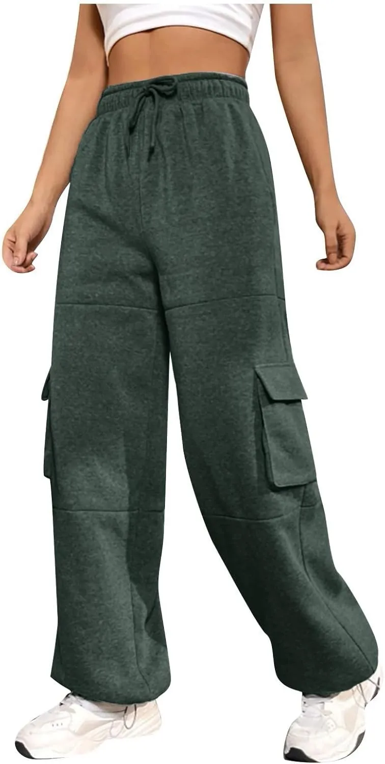 Fleece Sweatpants Womens Baggy High Waisted Wide Leg Lounge Pants with Pockets Comfy Drawstring Cinch Bottom Joggers