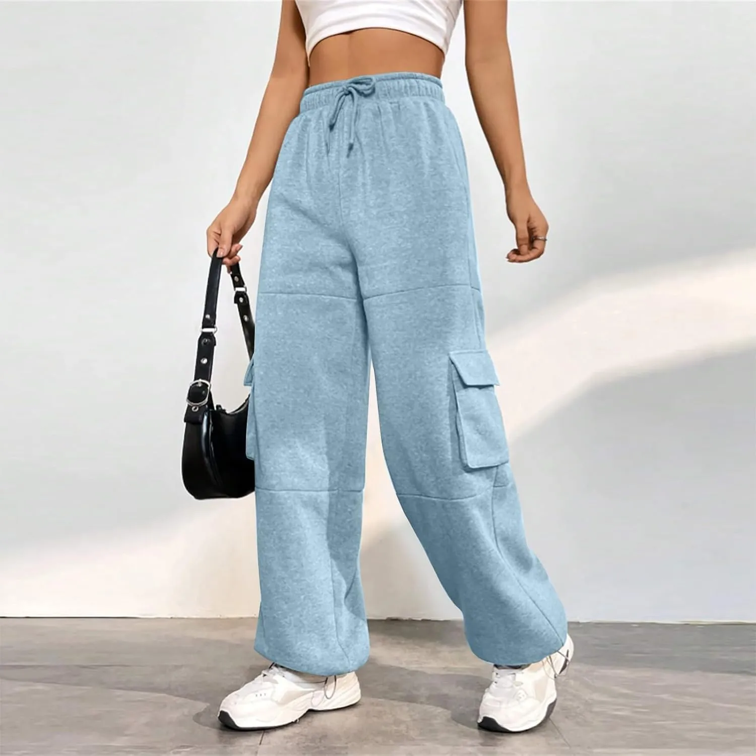 Fleece Sweatpants Womens Baggy High Waisted Wide Leg Lounge Pants with Pockets Comfy Drawstring Cinch Bottom Joggers