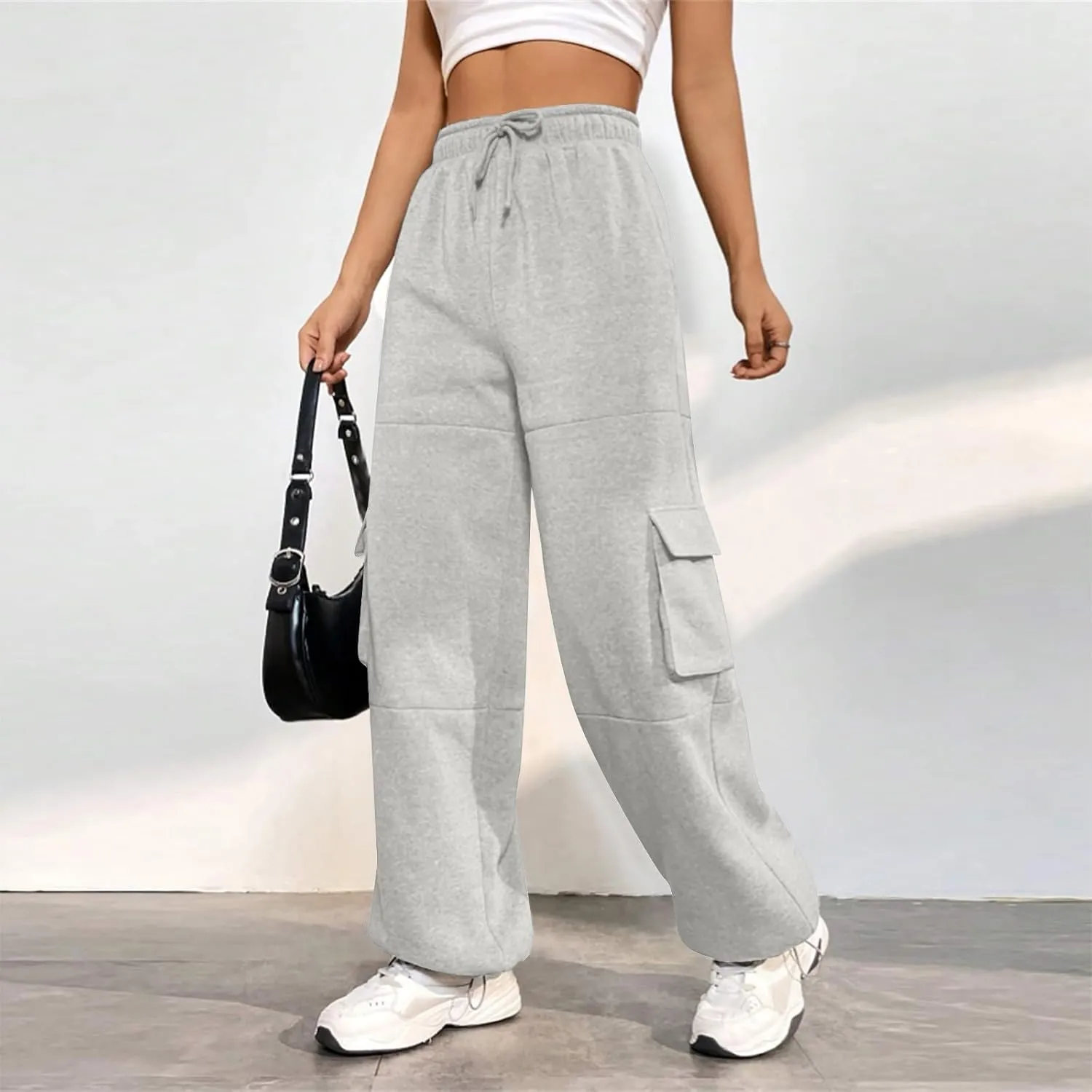 Fleece Sweatpants Womens Baggy High Waisted Wide Leg Lounge Pants with Pockets Comfy Drawstring Cinch Bottom Joggers