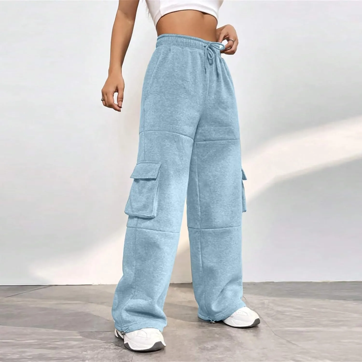 Fleece Sweatpants Womens Baggy High Waisted Wide Leg Lounge Pants with Pockets Comfy Drawstring Cinch Bottom Joggers