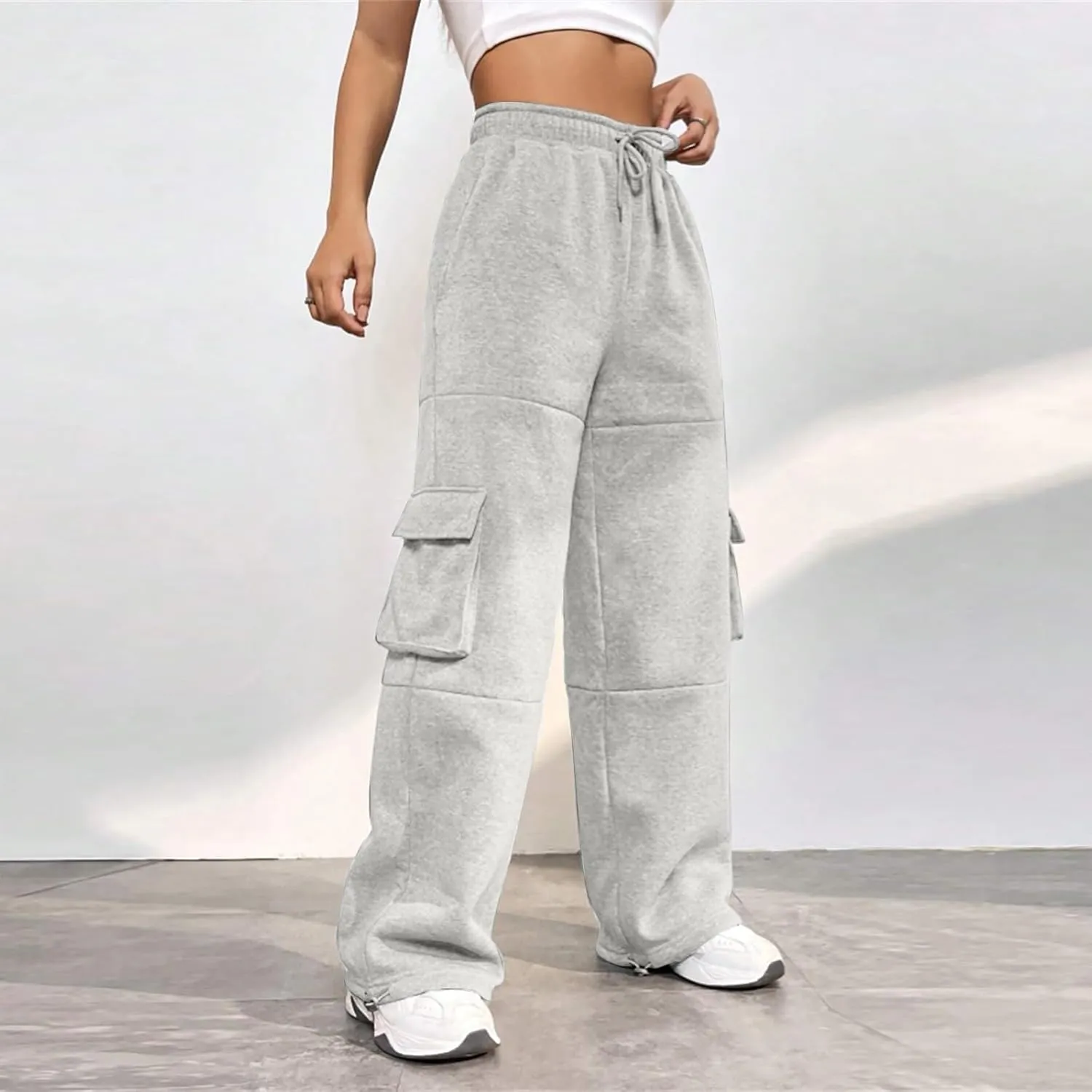 Fleece Sweatpants Womens Baggy High Waisted Wide Leg Lounge Pants with Pockets Comfy Drawstring Cinch Bottom Joggers