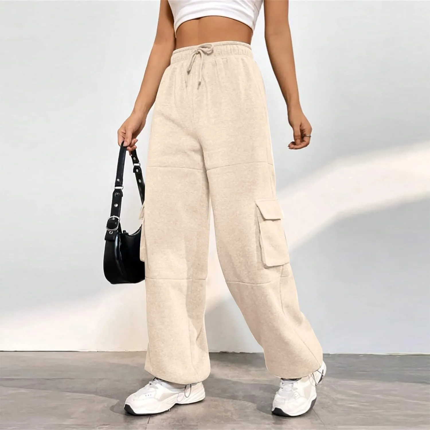Fleece Sweatpants Womens Baggy High Waisted Wide Leg Lounge Pants with Pockets Comfy Drawstring Cinch Bottom Joggers
