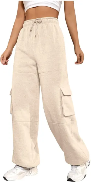 Fleece Sweatpants Womens Baggy High Waisted Wide Leg Lounge Pants with Pockets Comfy Drawstring Cinch Bottom Joggers