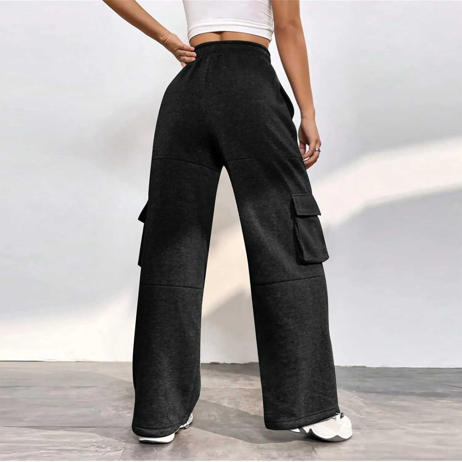 Fleece Sweatpants Womens Baggy High Waisted Wide Leg Lounge Pants with Pockets Comfy Drawstring Cinch Bottom Joggers