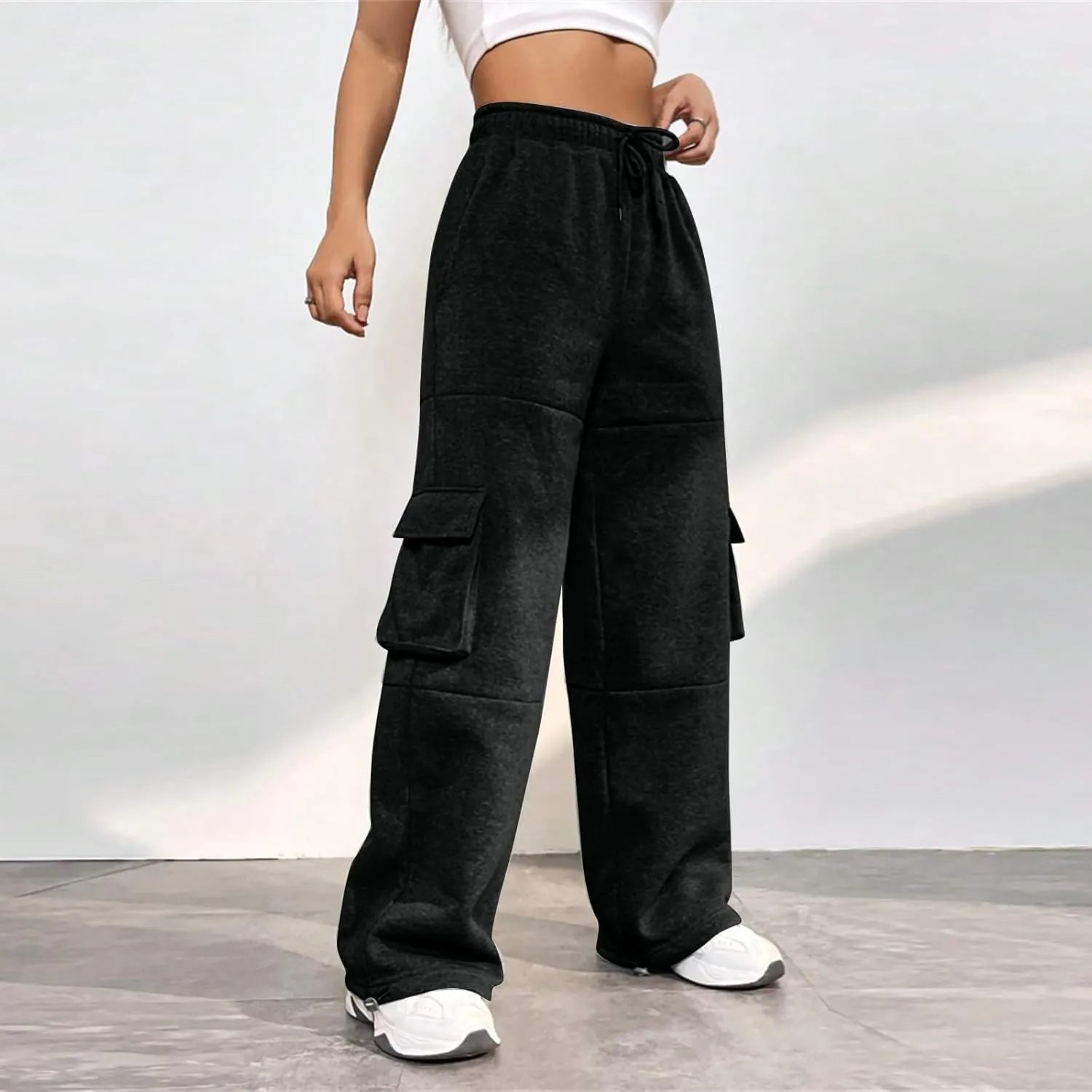 Fleece Sweatpants Womens Baggy High Waisted Wide Leg Lounge Pants with Pockets Comfy Drawstring Cinch Bottom Joggers