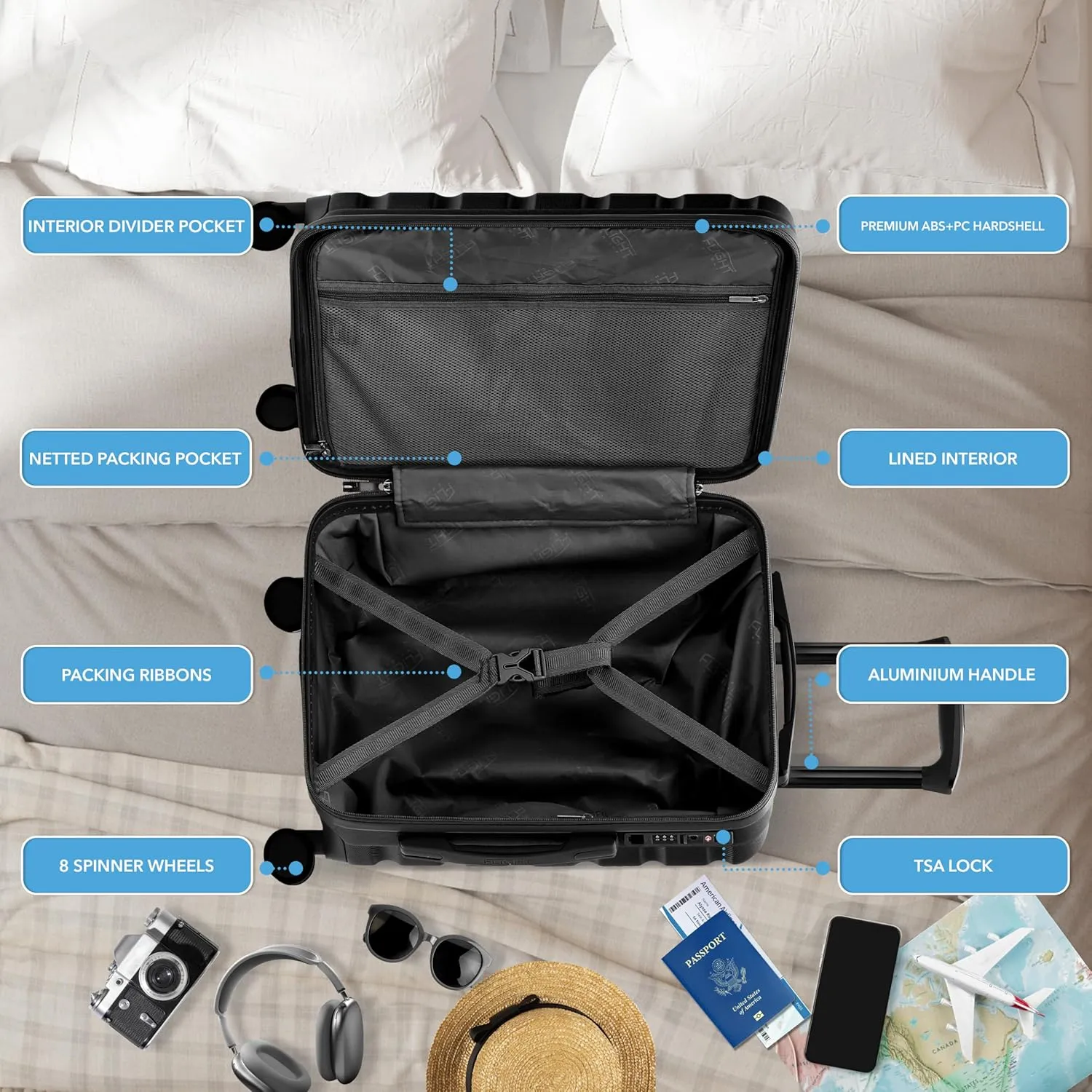 Flight Knight Carry On Suitcase Hardside With Built In TSA Lock & USB Port Lightweight Luggage Silent Double Spinner Wheels Maximum Carry-On Bag Size For American & United Approved Airlines, Black, 3