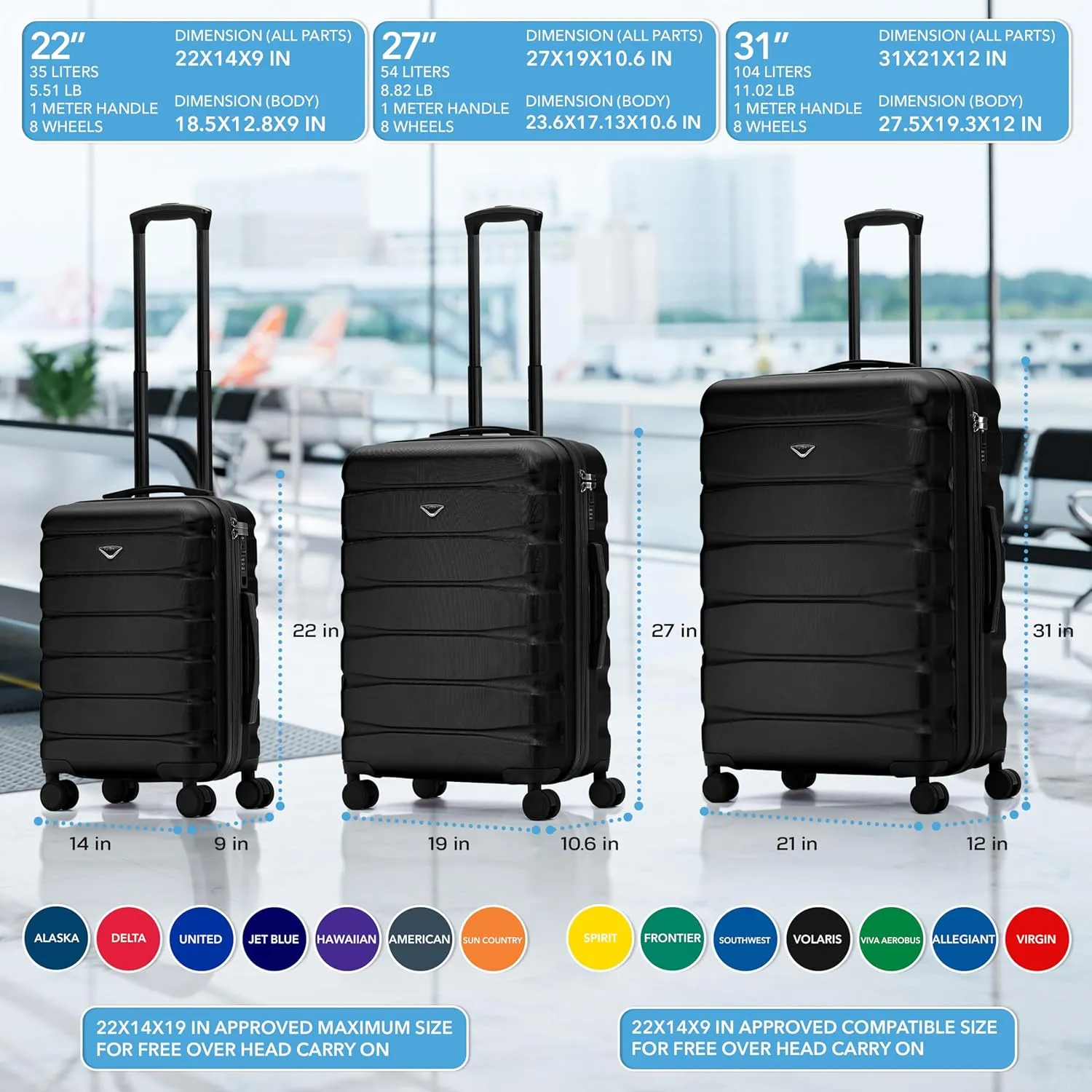 Flight Knight Carry On Suitcase Hardside With Built In TSA Lock & USB Port Lightweight Luggage Silent Double Spinner Wheels Maximum Carry-On Bag Size For American & United Approved Airlines, Black, 3