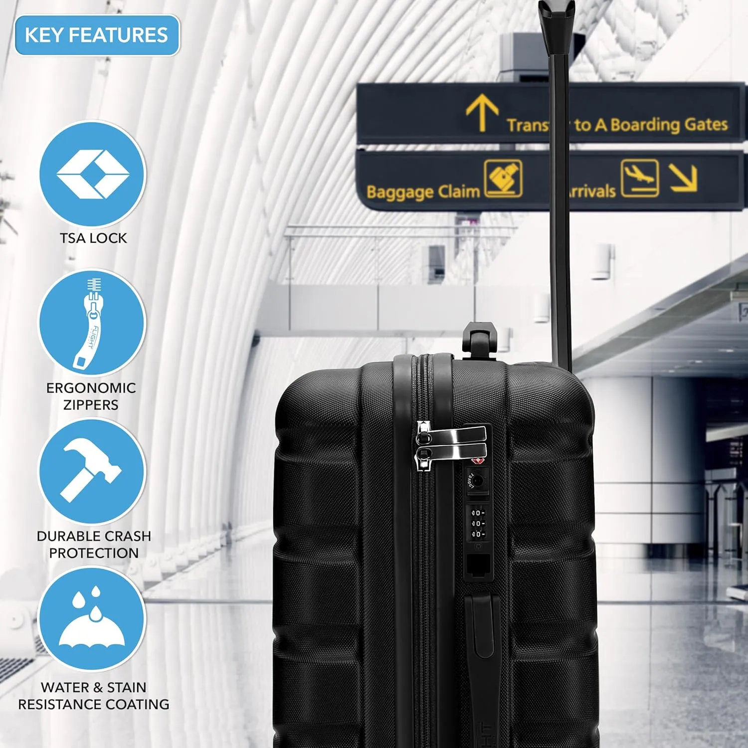 Flight Knight Carry On Suitcase Hardside With Built In TSA Lock & USB Port Lightweight Luggage Silent Double Spinner Wheels Maximum Carry-On Bag Size For American & United Approved Airlines, Black, 3