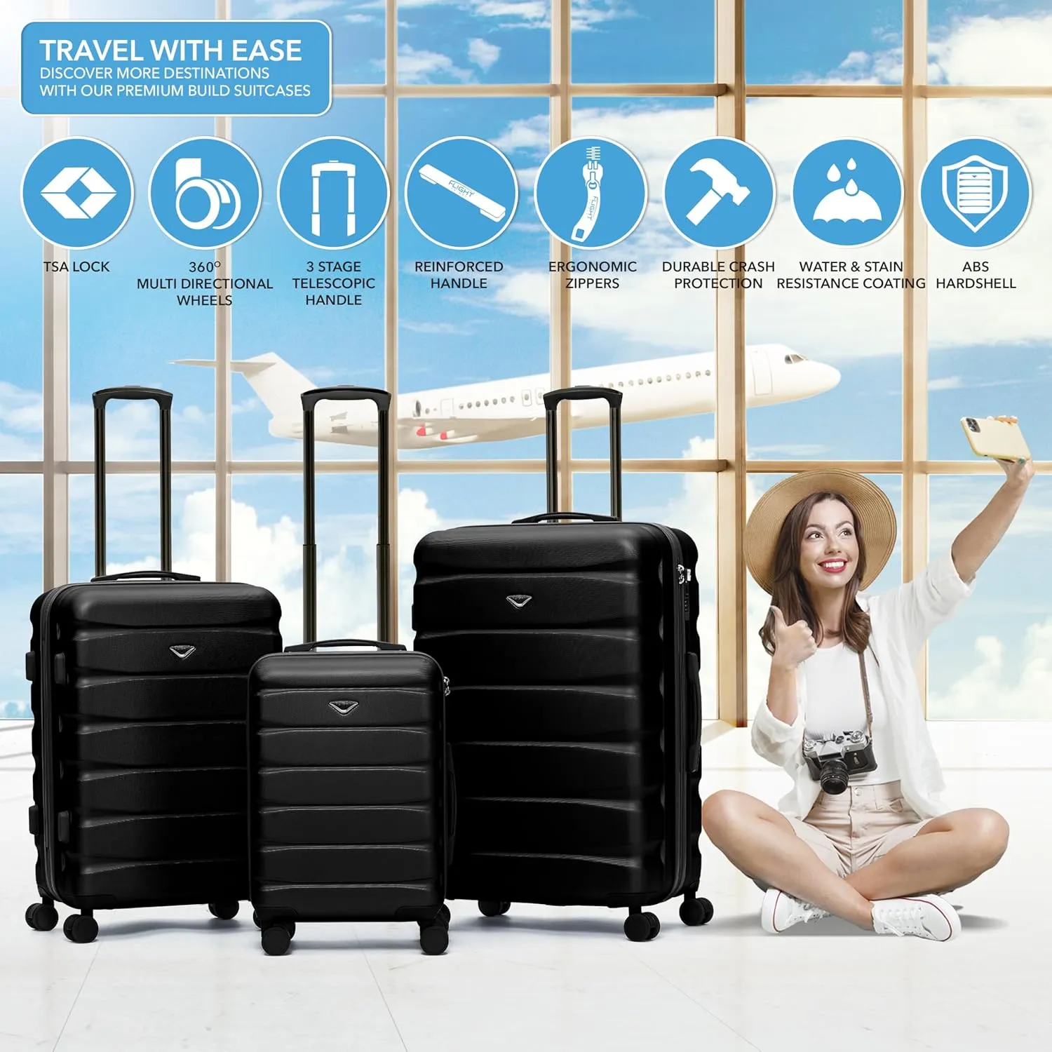 Flight Knight Carry On Suitcase Hardside With Built In TSA Lock & USB Port Lightweight Luggage Silent Double Spinner Wheels Maximum Carry-On Bag Size For American & United Approved Airlines, Black, 3
