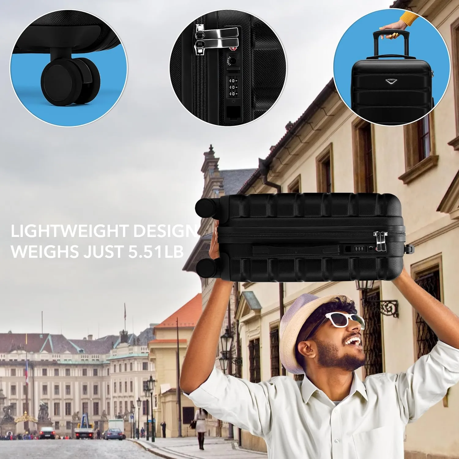 Flight Knight Carry On Suitcase Hardside With Built In TSA Lock & USB Port Lightweight Luggage Silent Double Spinner Wheels Maximum Carry-On Bag Size For American & United Approved Airlines, Black, 3