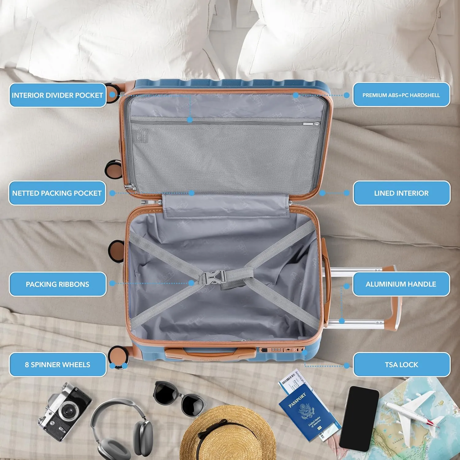 Flight Knight Carry On Suitcase Hardside With Built In TSA Lock & USB Port Lightweight Luggage Silent Double Spinner Wheels Maximum Carry-On Bag Size For American & United Approved Airlines, Blue/Tan,