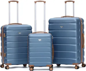Flight Knight Carry On Suitcase Hardside With Built In TSA Lock & USB Port Lightweight Luggage Silent Double Spinner Wheels Maximum Carry-On Bag Size For American & United Approved Airlines, Blue/Tan,