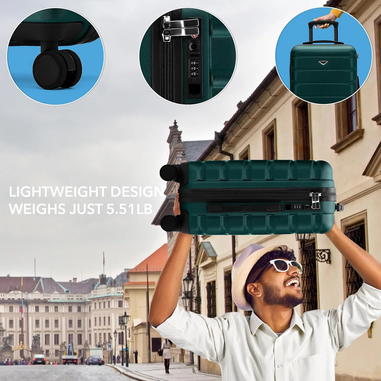 Flight Knight Carry On Suitcase Hardside With Built In TSA Lock & USB Port Lightweight Luggage Silent Double Spinner Wheels Maximum Carry-On Bag Size For American & United Approved Airlines, Forest