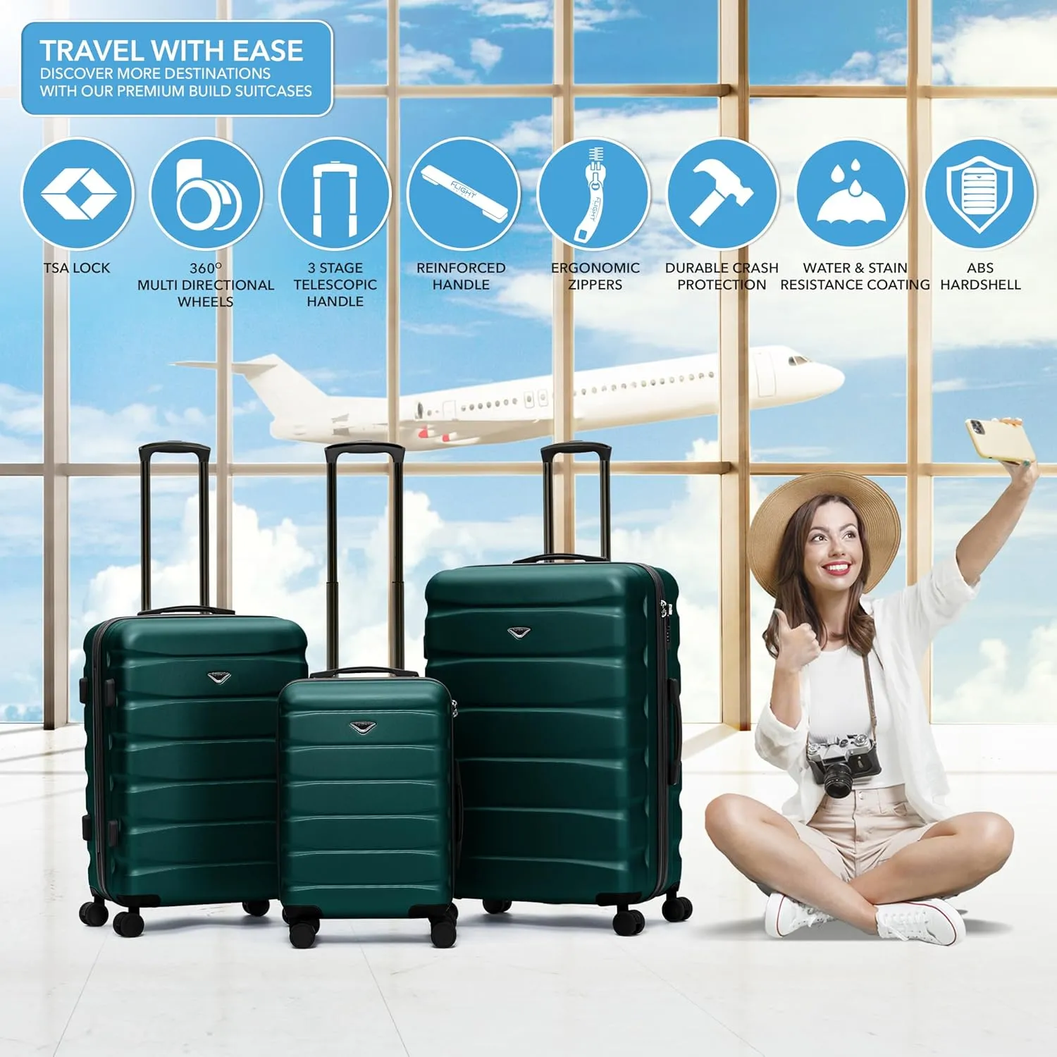 Flight Knight Carry On Suitcase Hardside With Built In TSA Lock & USB Port Lightweight Luggage Silent Double Spinner Wheels Maximum Carry-On Bag Size For American & United Approved Airlines, Forest
