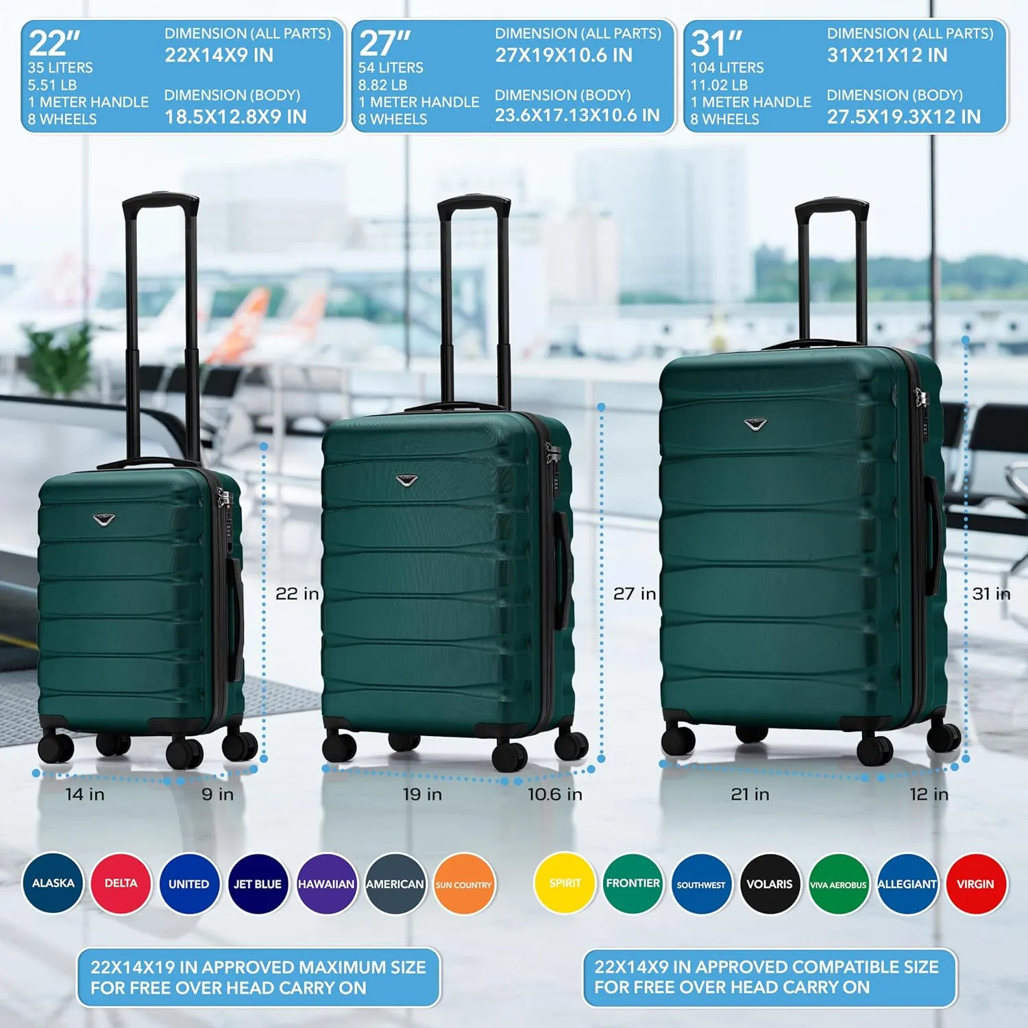 Flight Knight Carry On Suitcase Hardside With Built In TSA Lock & USB Port Lightweight Luggage Silent Double Spinner Wheels Maximum Carry-On Bag Size For American & United Approved Airlines, Forest