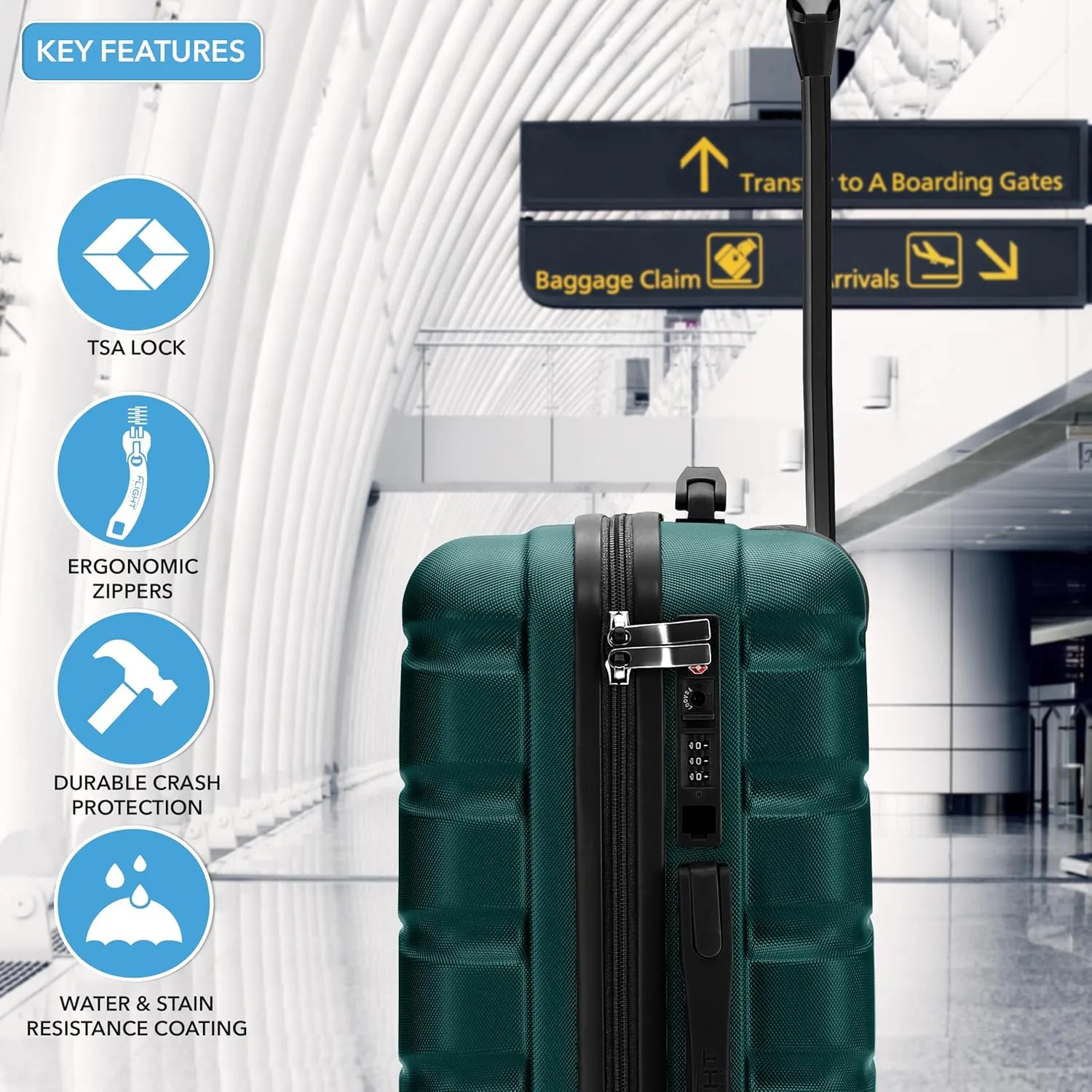 Flight Knight Carry On Suitcase Hardside With Built In TSA Lock & USB Port Lightweight Luggage Silent Double Spinner Wheels Maximum Carry-On Bag Size For American & United Approved Airlines, Forest