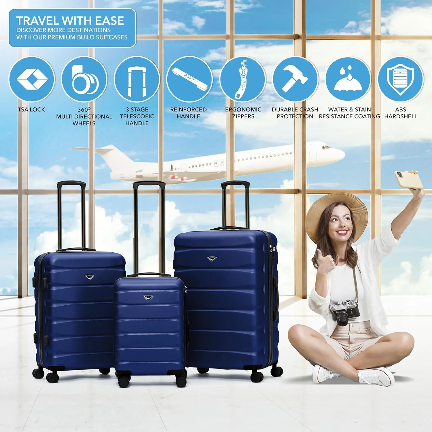 Flight Knight Carry On Suitcase Hardside With Built In TSA Lock & USB Port Lightweight Luggage Silent Double Spinner Wheels Maximum Carry-On Bag Size For American & United Approved Airlines, Navy, 3