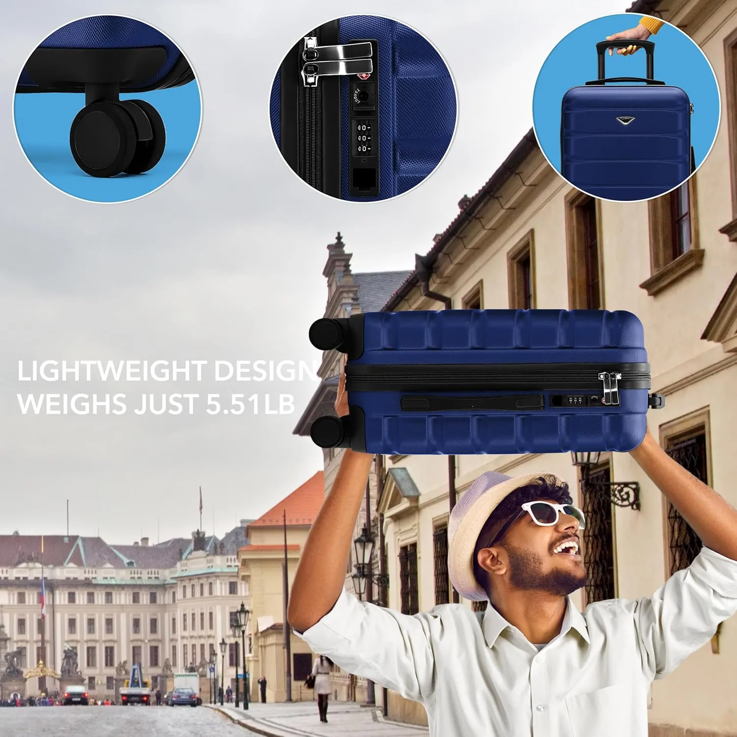 Flight Knight Carry On Suitcase Hardside With Built In TSA Lock & USB Port Lightweight Luggage Silent Double Spinner Wheels Maximum Carry-On Bag Size For American & United Approved Airlines, Navy, 3