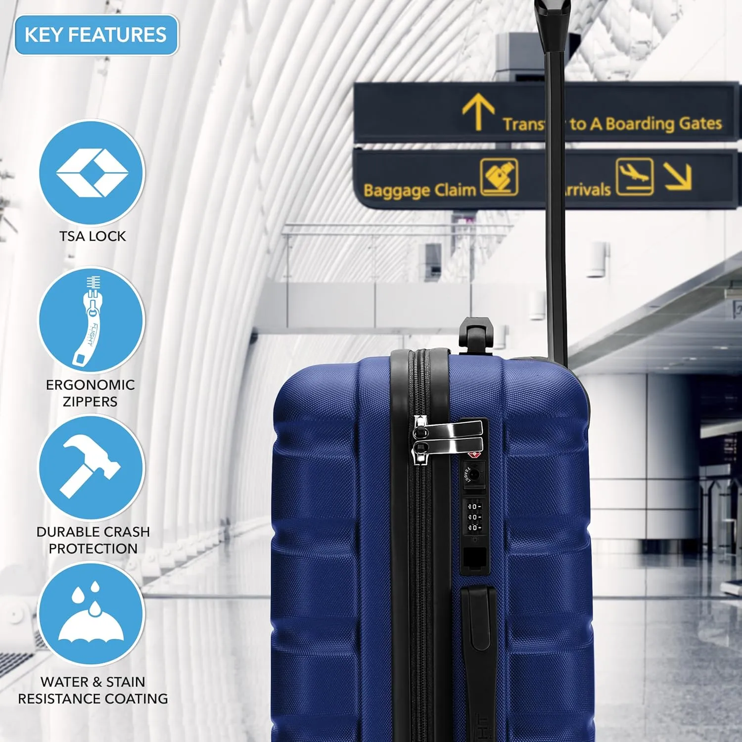 Flight Knight Carry On Suitcase Hardside With Built In TSA Lock & USB Port Lightweight Luggage Silent Double Spinner Wheels Maximum Carry-On Bag Size For American & United Approved Airlines, Navy, 3