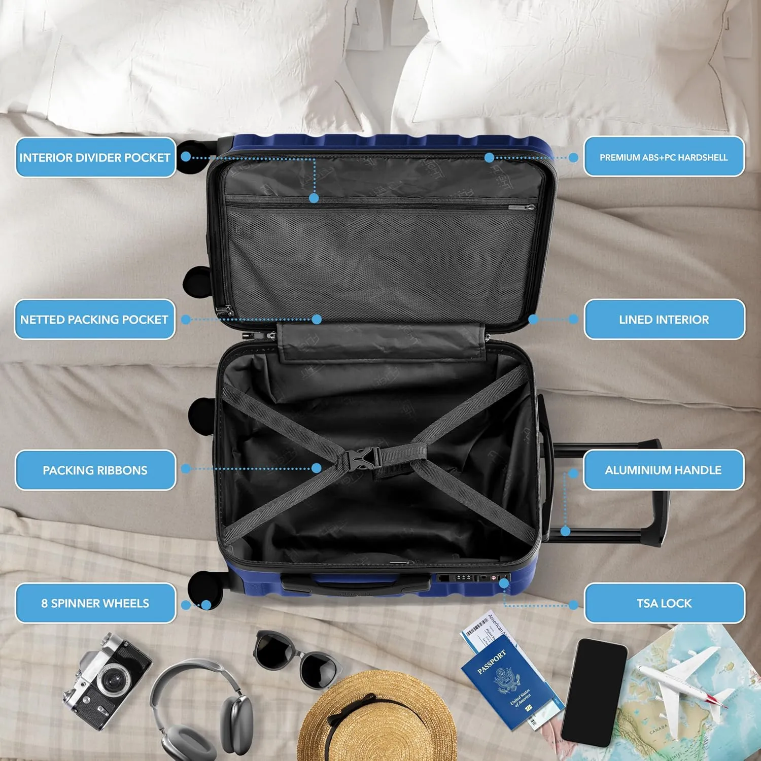Flight Knight Carry On Suitcase Hardside With Built In TSA Lock & USB Port Lightweight Luggage Silent Double Spinner Wheels Maximum Carry-On Bag Size For American & United Approved Airlines, Navy, 3
