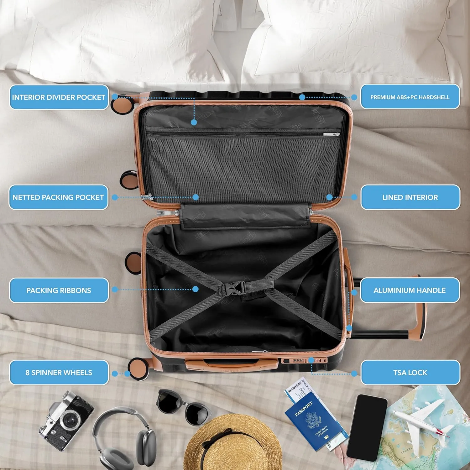 Flight Knight Carry On Suitcase Hardside With Built In TSA Lock & USB Port Lightweight Luggage Silent Double Spinner Wheels Maximum Carry-On Bag Size For American & United Approved Airlines,