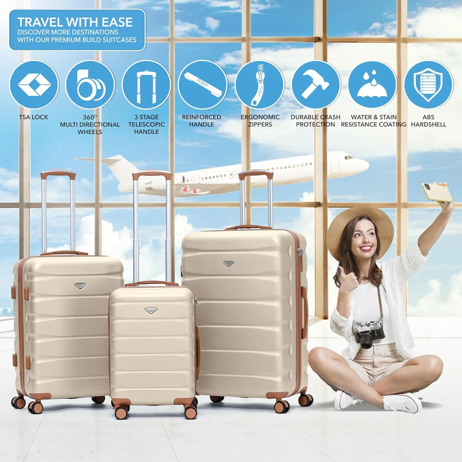 Flight Knight Carry On Suitcase Hardside With Built In TSA Lock & USB Port Lightweight Luggage Silent Double Spinner Wheels Maximum Carry-On Bag Size For American & United Approved Airlines,