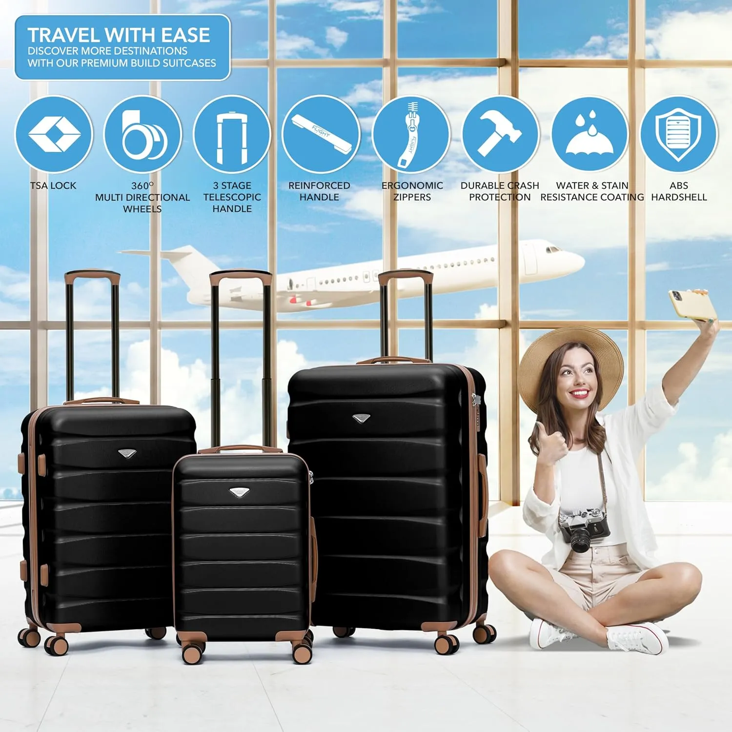 Flight Knight Carry On Suitcase Hardside With Built In TSA Lock & USB Port Lightweight Luggage Silent Double Spinner Wheels Maximum Carry-On Bag Size For American & United Approved Airlines,