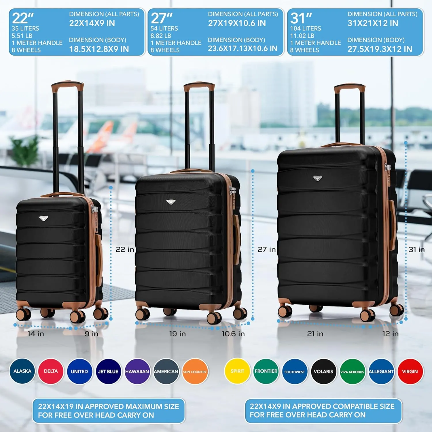Flight Knight Carry On Suitcase Hardside With Built In TSA Lock & USB Port Lightweight Luggage Silent Double Spinner Wheels Maximum Carry-On Bag Size For American & United Approved Airlines,