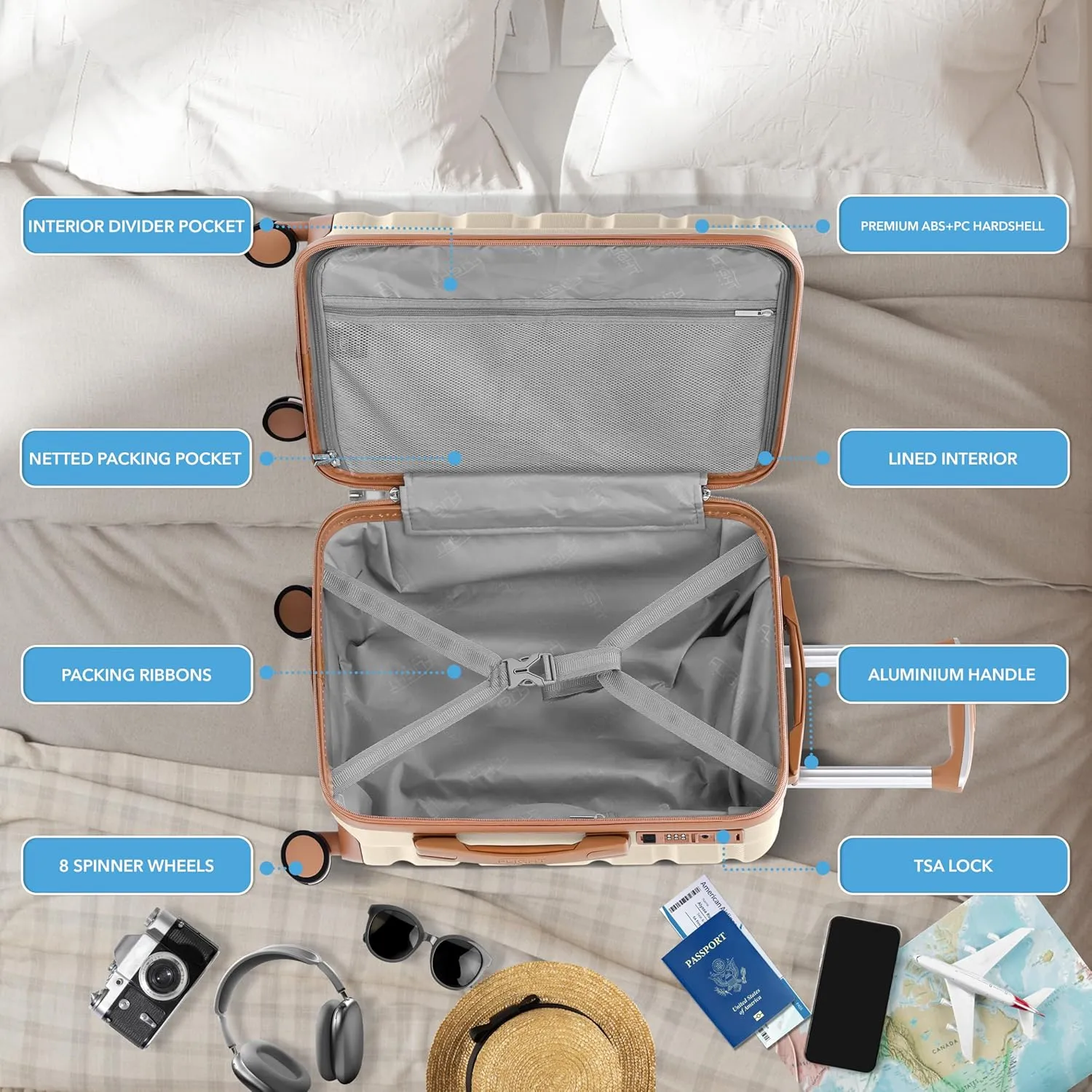 Flight Knight Carry On Suitcase Hardside With Built In TSA Lock & USB Port Lightweight Luggage Silent Double Spinner Wheels Maximum Carry-On Bag Size For American & United Approved Airlines,