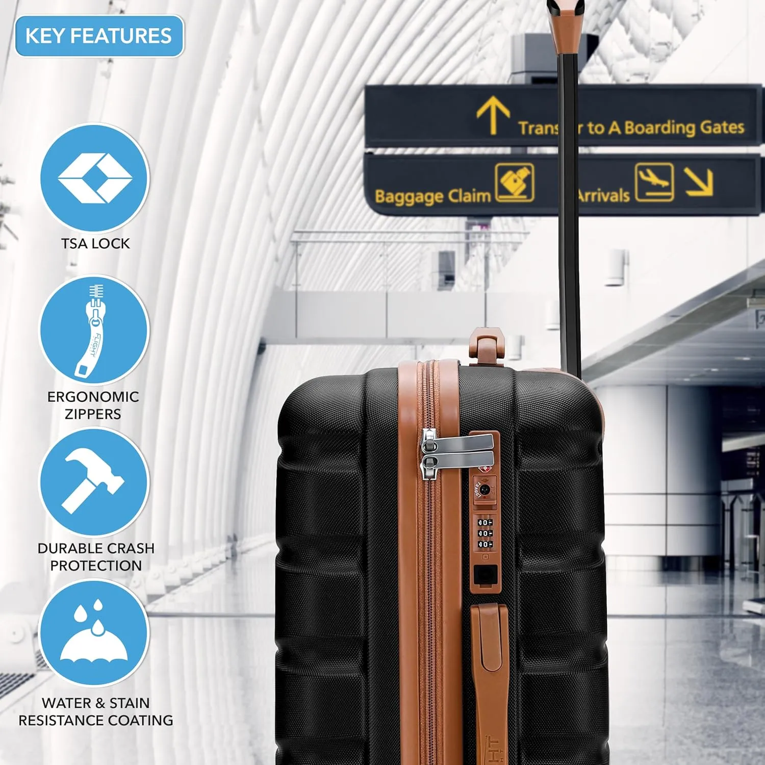 Flight Knight Carry On Suitcase Hardside With Built In TSA Lock & USB Port Lightweight Luggage Silent Double Spinner Wheels Maximum Carry-On Bag Size For American & United Approved Airlines,