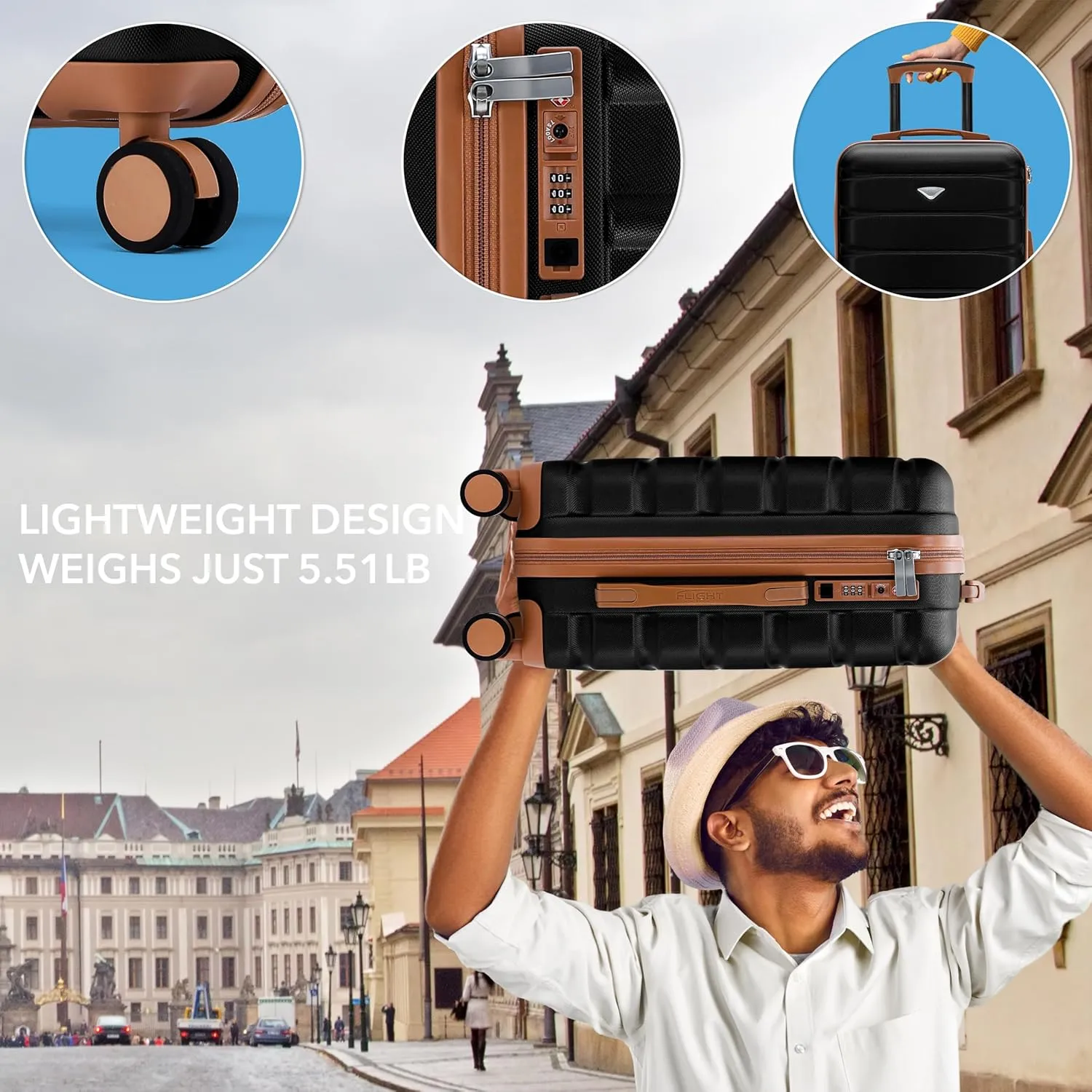 Flight Knight Carry On Suitcase Hardside With Built In TSA Lock & USB Port Lightweight Luggage Silent Double Spinner Wheels Maximum Carry-On Bag Size For American & United Approved Airlines,